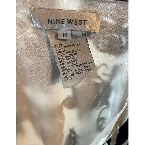 Nine West M Black-Cream Floral Print Faux Wrap Lined 3/4 Sheer Sleeve Blouse - Picture 6 of 6